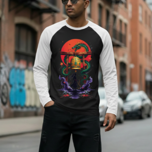 Guardian of the Gate Japanese Dragon & Samurai Raglan Long Sleeve Tee